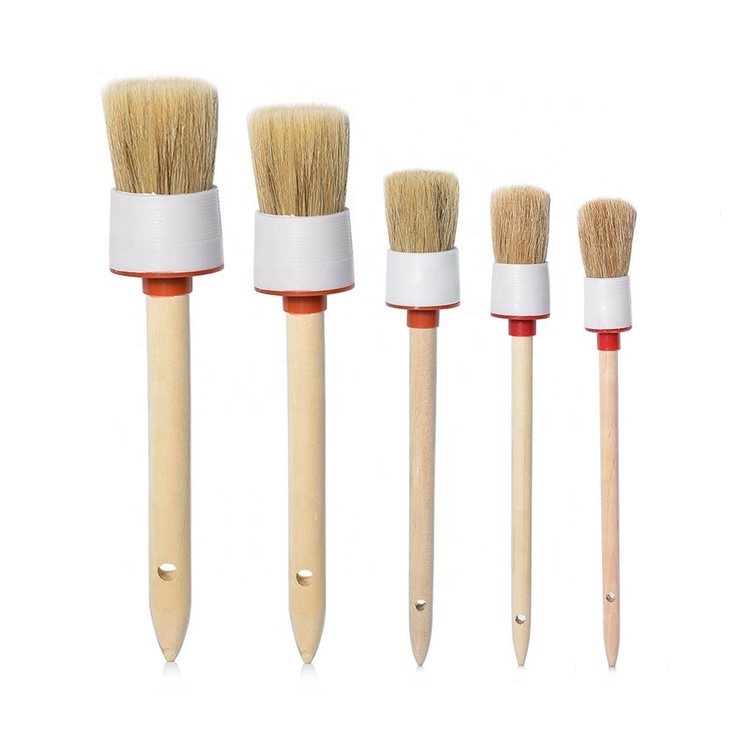 Soft Bristle Wooden Handle Round Head Car Detailing Brush Auto Care for Interior Rims Wheel Air Condition Engine Cleaning Brush 