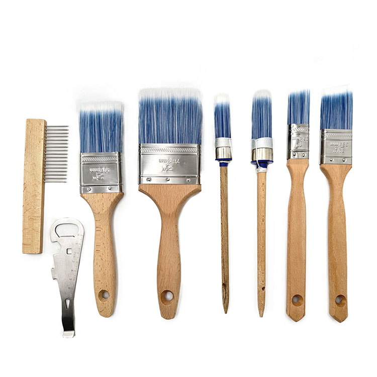 Beechwood Handle Oil Brush Home DIY Decoration Brushes Kit Round-Tip Paintbrush Set with Can Opener and Brush Cleaner